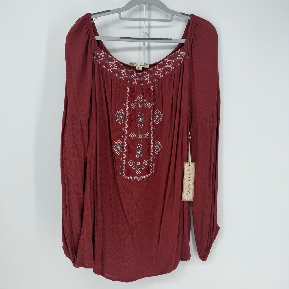 Band Crush Blouse Women 3X Burgundy Red Embroidered Boho Peasant Top Cottagecore